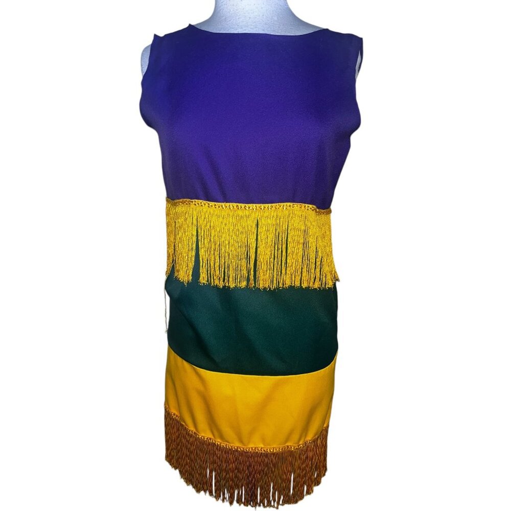 Flapper Fringe Dress Purple Green Gold Sleeveless 34" Halloween Mardi Gras 34